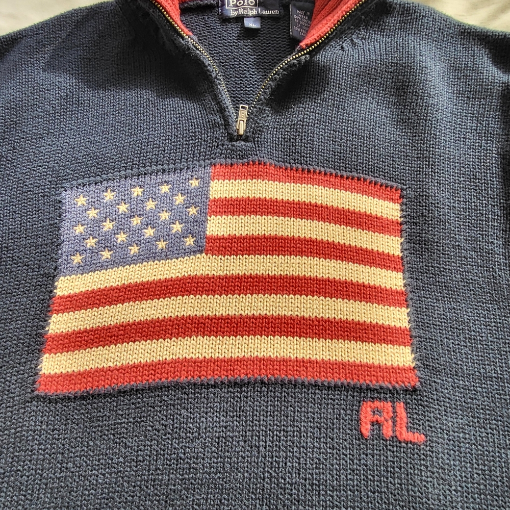 Rare Vintage 80s Ralph Lauren 1/4 Zip Navy American Flag Sweater. - Picture 2 of 12